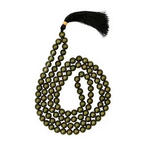 Collar Mala de 108 cuentas de pirita natural, cuentas de oración de piedra preciosa redondas de 8 mm, collar de meditación y yoga con borla, venta al por mayor - Product Image 1