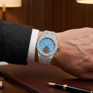 Montre de luxe entièrement sertie de diamants, montre à quartz pour homme en acier inoxydable, montre à quartz avec calendrier, montre-bracelet scintillante - Product Image 4