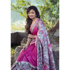 Sari en soie Tussar élégant à imprimé Madhubani, bordure tissée Zari, protection solaire, couleur rose, pour femmes indiennes/pakistanaises - Product Image 5