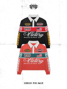 Polo de Manga Larga para Hombre Victory, Diseño Deportivo con Estampado Digital, Tejido Transpirable de Poliéster, Rojo y Negro, en Venta - Product Image 1