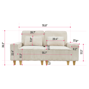 Divano a 2 Posti in Velluto a Coste con Seduta Profonda, Portabicchieri in Acciaio Inox Spazzolato e 2 Cuscini Decorativi per Soggiorno - Product Image 3