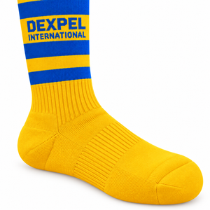 ถุงเท้าสูงถึงเข่าสีเหลืองลายทางสีน้ำเงินสำหรับกีฬาฟุตบอลทีมชาติ Dexpel International ราคาถูก รับผลิตตามแบบ OEM - Product Image 6