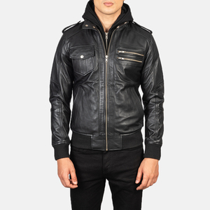 Hooded Distressed Black Leather Vintage Motorcycle Retro Biker <b>Jacket</b> Hooded Leather Bomber <b>Jacket</b> Men Latest <b>jacket</b> for men - Product Image 3