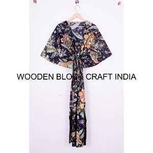 Indian Handmade Cotton <b>Kaftan</b> Long Beach Cover Boho <b>Dress</b> with Floral Print Soft Pure Cotton Maxi Gown Nightwear 2-Piece Set - Product Image 4