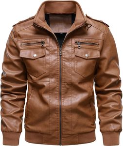 <b>Men's</b> Customized Brown PU <b>Leather</b> Hooded Moto <b>Jacket</b> Zipper Front Regular Fit Autumn Style Windproof Solid Color High Quality - Product Image 3