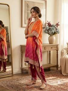 Designer Digital <b>Printed</b> And Embroidery Work Chinon Silk Kaftan With Butter Silk Stitched Dhoti Set - Product Image 2