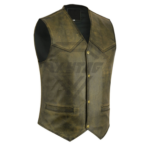 Gilet de motard en cuir véritable pour homme, sans col, couleur unie, longueur standard, avec décoration à rivets, vêtement d'extérieur pour l'automne - Product Image 5