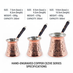 Cafetera Turca de Cobre Grabada a Mano con Patrón Floral, Cezve, Ibrik Árabe, Briki Griega, Calentador de Leche para Estufa con Mango de Madera Oscura - Product Image 5