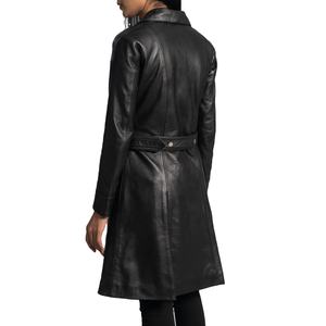 Manteau trench en cuir d'agneau noir de style moderne confortable pour femmes, prix de gros / Manteaux trench en cuir véritable tendance - Product Image 2