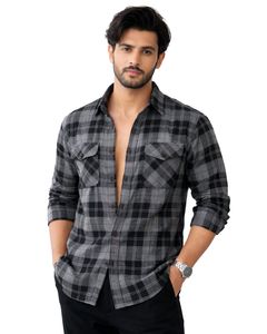 Camisa Casual a Cuadros Negra y Gris Personalizada para Hombre, Corte Ajustado, Manga Larga, con Botones, de Algodón, Estilo Urbano, Calidad Premium - Product Image 1