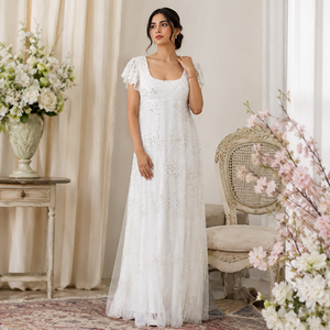 Elegant White Beaded Maxi Dress Women Scoop Neck Flutter Sleeve Embroidered Floor Length Gown Wedding Bridal Party Formal - Product Image 4