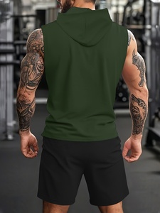 Conjunto de Sudadera sin Mangas con Capucha para Hombre, Color Sólido, Algodón French Terry, Ropa Casual de Verano, Pantalones Cortos Negros, Top Verde Oliva - Product Image 3
