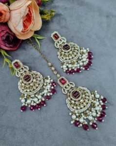 Conjunto de collar de piedra con corte radiante y pendientes a juego, y mangtika, chapado en oro antiguo, joyería étnica de moda al por mayor - Product Image 3