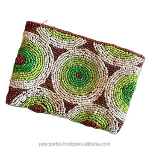 Monedero Artesanal Pequeño con Cierre, Ecológico, Resistente al Agua, Azul con Cuentas, Bordado con Puntos Verdes, Grande - Product Image 3