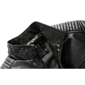 <b>Men's</b> Black PU Leather Moto Jacket Stand Collar Zipper Closure <b>Slim</b> <b>Fit</b> Autumn Wear Regular Sleeve Solid Color - Product Image 6