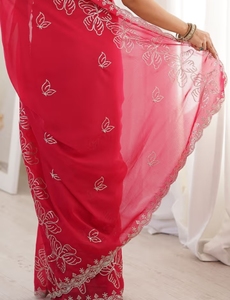 KV Georgette <b>Red</b> Embellished <b>Saree</b> With Unstitched Blouse - Product Image 5