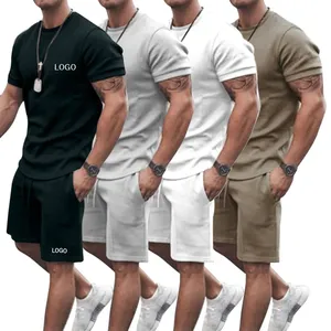 Ensemble de vêtements pour hommes, été, respirant, grande taille, chemise à manches courtes unie, shorts avec poches cargo à cordon de serrage sur le devant, ensemble 2 pièces - Product Image 1