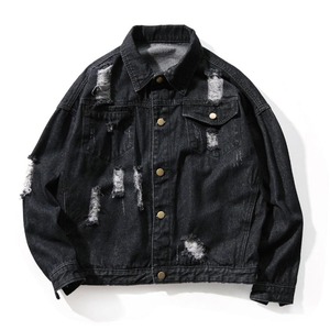 Chaqueta de Mezclilla Negra Desgastada para Hombre, Corte Holgado, Estilo Casual, Cierre de Botones, Tela de Algodón, para Otoño - Product Image 1