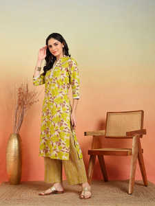 Kurta Recta de Algodón Elástico con Estampado Floral, Cuello Mandarín, Mangas Tres Cuartos, Ajuste Regular y Detalles de Espejo, con Pantalón - Product Image 3