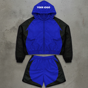Conjunto Deportivo Personalizado para Hombre, Reversible, de 2 Piezas, con Bloques de Color a Cuadros, Chaqueta Cortavientos con Capucha y Pantalones Cortos de Secado Rápido, Estilo Y2K, Casual - Product Image 5