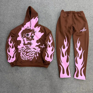 2026 Trending Custom French Terry Distressed <b>Embroidery</b> Tracksuit Sun Faded Flared Fit Puff Print 500GSM Mens <b>Set</b> - Product Image 1