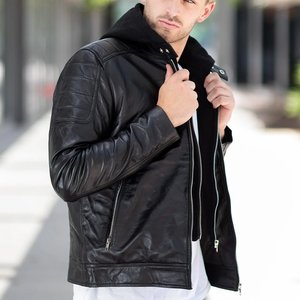 Veste en cuir noire pour homme, nouvelle collection, logo personnalisé, fermeture éclair, capuche, haute qualité, streetwear, hiver. - Product Image 4
