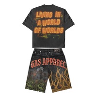 Ensemble T-shirt graphique oversize et short en jean pour homme, coton épais, streetwear Y2K vintage délavé à l'acide, 2 pièces, été
