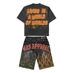 Custom Men's Oversized Graphic T <b>Shirt</b> Denim Shorts Set Heavyweight Cotton Streetwear <b>Y2K</b> Vintage Acid Wash 2 Piece Summer - Product Image 2