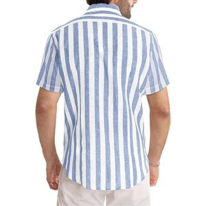 เสื้อเชิ้ตแขนสั้นผู้ชายลายทางแนวตั้งสั่งทำพิเศษ ผ้าฝ้ายผสมโพลีเอสเตอร์ สไตล์ลำลองสำหรับฤดูร้อน มีกระเป๋าเสื้อที่อก - Product Image 2