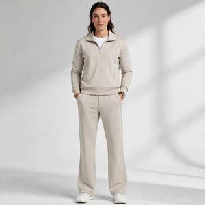 Ensemble de survêtement 2 pièces beige pour femme, sweat-shirt à fermeture éclair intégrale, pantalon large, couleur unie, tenue décontractée d'automne, coupe régulière avec poches latérales - Product Image 1