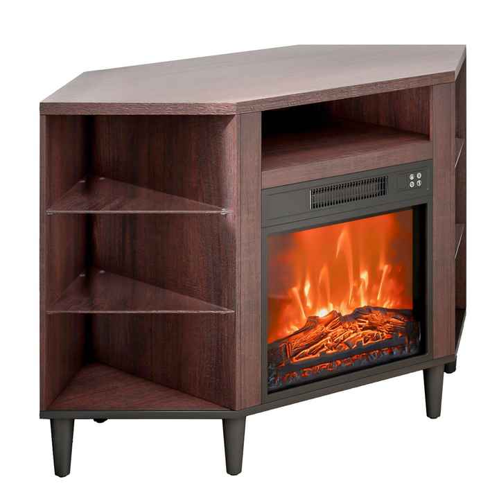 Pastoral Brown 18\" Fireplace TV Stand 20 LED Lights Remote Control Timer Corner Media Storage Storage Drawers Cabinets for TVs