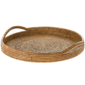 Round Rattan Serving <b>Tray</b> With Handles Eco-Friendly Woven Wicker Storage <b>Basket</b> for Coffee Table Ottoman Breakfast Fruit Platter - Product Image 1