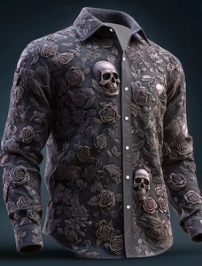 Camisa de Manga Larga para Hombre con Estampado Floral de Calaveras del Día de Muertos, Ropa Casual de Calle para Otoño, Cómoda, de Poliéster - Product Image 5