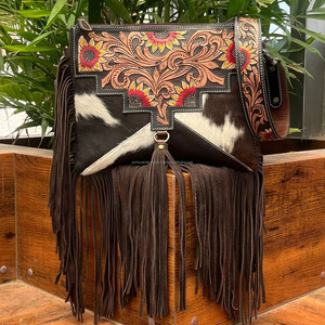 2025 superventas diseño de girasol bolso con flecos de cuero de vaca y cartera de cuero genuino para mujer Conjunto Combinado de 2 piezas - Product Image 4