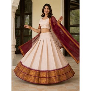 Lehenga demi-sari en coton blanc cassé style Inde du Sud avec broderie Zari, broderie ethnique en soie, taille XL, pour fêtes et usage quotidien, prix bas - Product Image 3