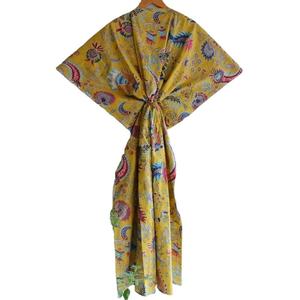 Ethinic Craft Hub Túnica Kaftán Ligera de Algodón con Diseño Floral Estampado a Mano, Bata de Baño y Cubrebañador con Cintura Natural - Product Image 1