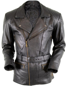 <b>Mens</b> <b>Long</b> Black Leather Canvas Stand Biker Jacket Belted Asymmetrical Zip Motorcycle Touring <b>Coat</b> Quilted Shoulder Multi Front - Product Image 1