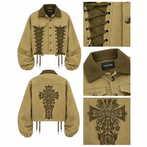 Chaqueta Corta Personalizada con Cordones, Mangas Anchas, Estilo Urbano, Cierre de Botones, Estilo Utilitario, Prenda Exterior Moderna para Unisex - Product Image 6