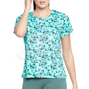 T-shirt à manches courtes pour femme, imprimé géométrique, col rond, tissu tricoté à séchage rapide, style sportif, à porter au printemps et en été - Product Image 1