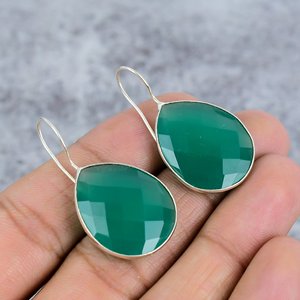 Green Onyx Pear Cut Gemstone 925 <b>Sterling</b> <b>Silver</b> Handmade Bezel Setting Trendy Earrings for Women Party Engagement Gift - Product Image 1