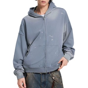 Men's Vintage Washed <b>Zip</b>-Up Oversized Fleece Pullover <b>Hoodie</b> with <b>Pocket</b> Anti-shrink XS for Autumn - Product Image 3