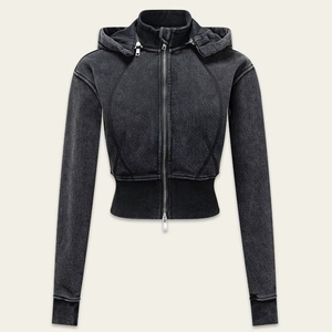 Women's <b>Cropped</b> Hoodie <b>Zip</b>-<b>Up</b> Long Sleeve Solid Color Knitted Spandex Cotton Breathable Quick Dry Casual Autumn Wear - Product Image 4