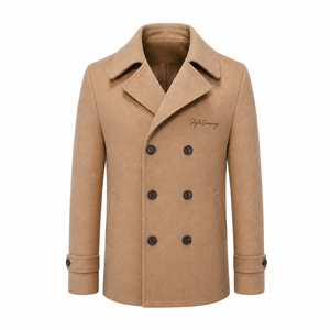 Manteau en laine croisé pour homme, coupe ajustée, col à revers cranté, couleur camel, longueur mi-haute - Product Image 1