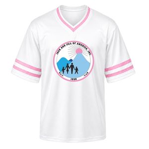 เสื้อเจอร์ซีย์กีฬาคอวีปักลายตราสัญลักษณ์ไวท์แจ็คแอนด์จิล แขนสั้น ลายทางสีชมพู เสื้อทีมกีฬา ชุดยูนิฟอร์มทีมแบบกำหนดเอง - Product Image 1
