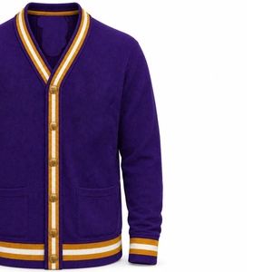 University <b>Mens</b> custom wholesale Knitted <b>Cardigan</b> Sweater Purple Gold White Varsity V-Neck OEM Striped Trim college style - Product Image 4