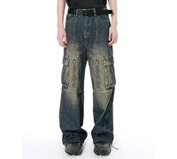 Jeans de mezclilla casuales de pierna ancha para hombre al por mayor con estampado, lavado, precio de fábrica para minoristas de moda