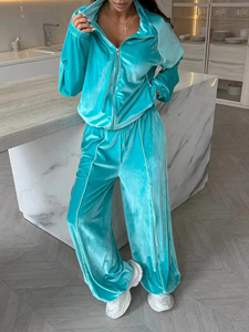 Women's <b>Velvet</b> <b>Tracksuit</b> Set Turquoise Full Sleeve Zip-Up Top Wide Leg Pants Loose Fit All Seasons Solid Color Casual Sportswear - Product Image 4