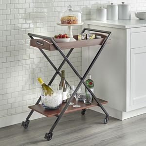 Carrello bar Lester a 2 livelli in metallo e legno con ruote bloccabili Nero/Noce - Product Image 1