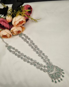 Elegant Rhodium Plated Cubic Zirconia Jewellery <b>Set</b> Multi Layer Long <b>Necklace</b> Matching <b>Earrings</b> Mangtika Partywear <b>Set</b> Wholesale - Product Image 5