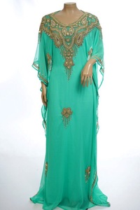 Elegant Blue Solid Floor Length <b>Gold</b> Beaded High Neck Long Sleeve <b>Evening</b> Party <b>Dress</b> Middle East Style Polyester - Product Image 3